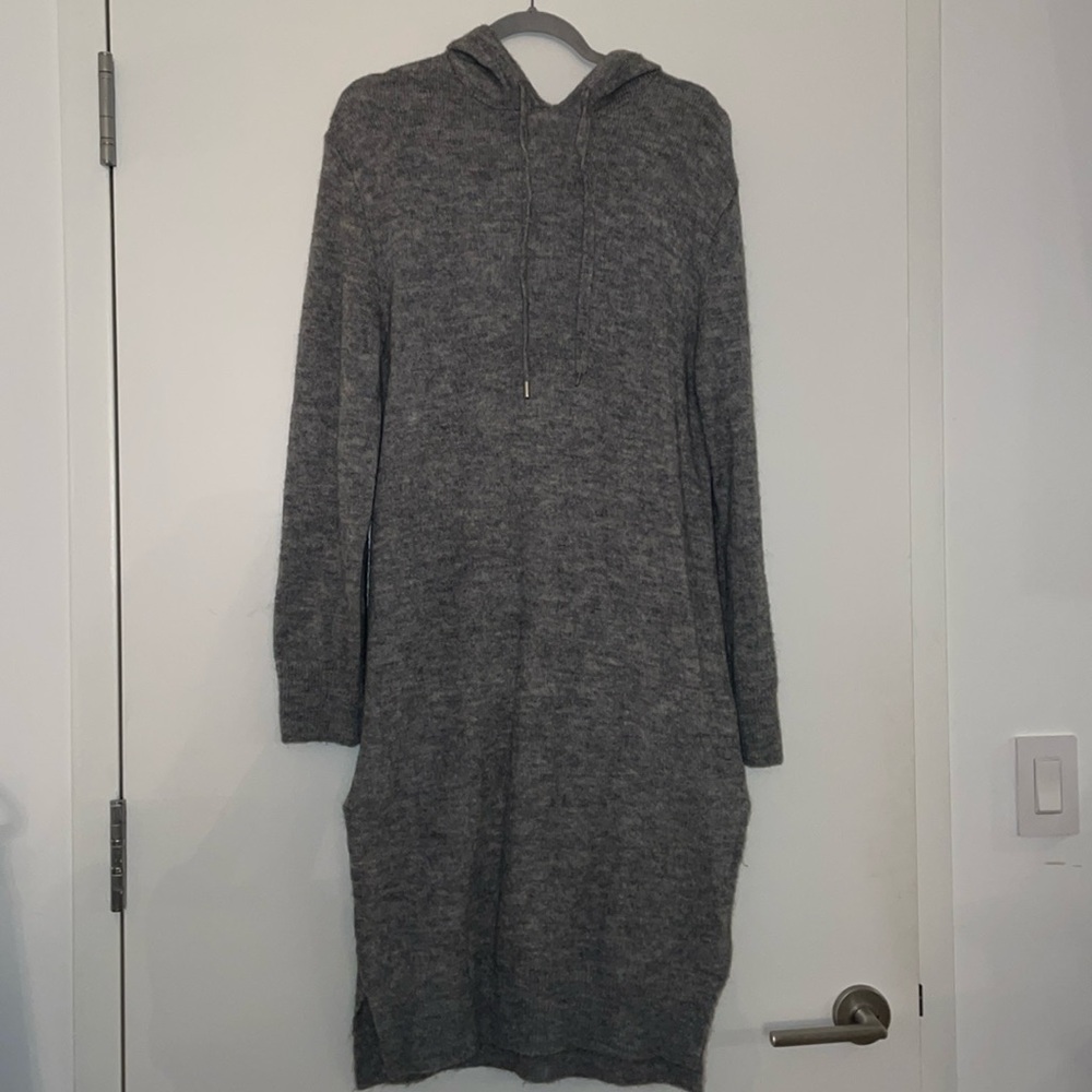 H&M Womens Gray Wool/Mohair Blend Drawstring Hooded Side Slits Knitted Dress